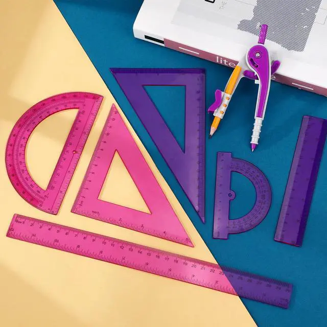 Alt view image 7 of 7 - 7 Pcs Geometry Math Set with Compass Protractor Rulers, Purple | Clear Plastic 6" 4" Protractors, 45 / 60 Degree Triangles, 12" 6" Rulers, Compass, for School Office Drawing