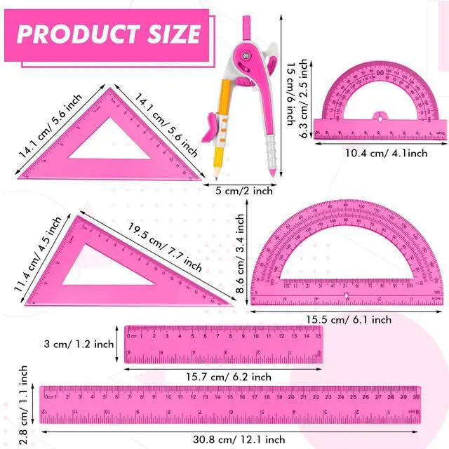 Alt view image 2 of 7 - 7 Pcs Geometry Math Set with Compass Protractor Rulers, Pink | Clear Plastic 6" 4" Protractors, 45 / 60 Degree Triangles, 12" 6" Rulers, Compass, for School Office Drawing