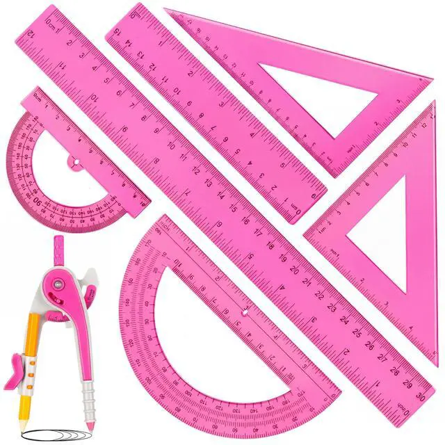 Main image of 7 Pcs Geometry Math Set with Compass Protractor Rulers, Pink | Clear Plastic 6" 4" Protractors, 45 / 60 Degree Triangles, 12" 6" Rulers, Compass, for School Office Drawing