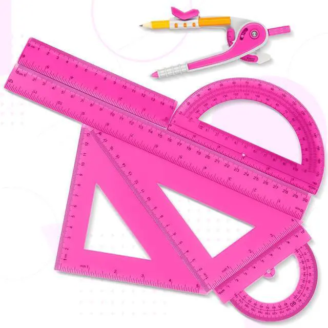 Alt view image 3 of 7 - 7 Pcs Geometry Math Set with Compass Protractor Rulers, Pink | Clear Plastic 6" 4" Protractors, 45 / 60 Degree Triangles, 12" 6" Rulers, Compass, for School Office Drawing