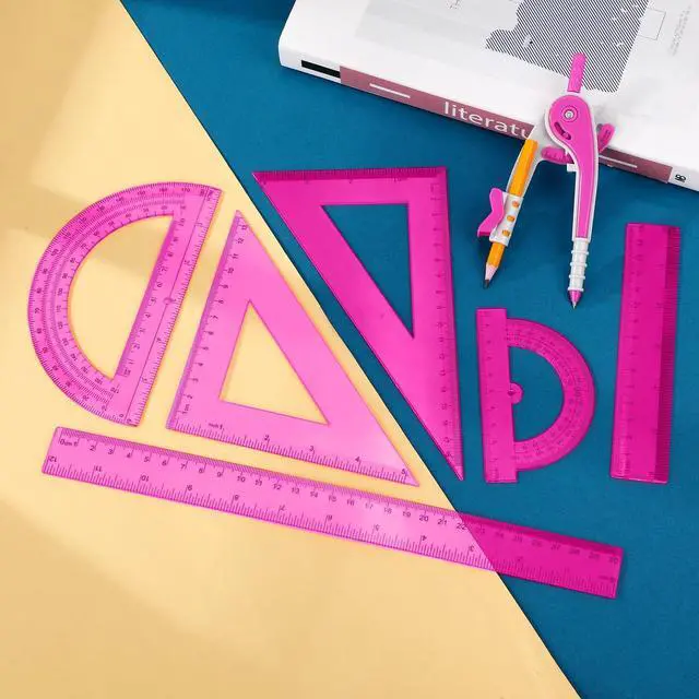 Alt view image 4 of 7 - 7 Pcs Geometry Math Set with Compass Protractor Rulers, Pink | Clear Plastic 6" 4" Protractors, 45 / 60 Degree Triangles, 12" 6" Rulers, Compass, for School Office Drawing