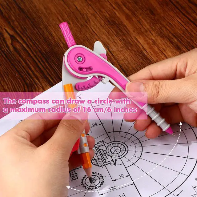 Alt view image 5 of 7 - 7 Pcs Geometry Math Set with Compass Protractor Rulers, Pink | Clear Plastic 6" 4" Protractors, 45 / 60 Degree Triangles, 12" 6" Rulers, Compass, for School Office Drawing