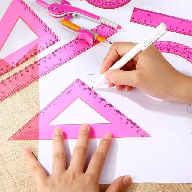 Alt view image 6 of 7 - 7 Pcs Geometry Math Set with Compass Protractor Rulers, Pink | Clear Plastic 6" 4" Protractors, 45 / 60 Degree Triangles, 12" 6" Rulers, Compass, for School Office Drawing
