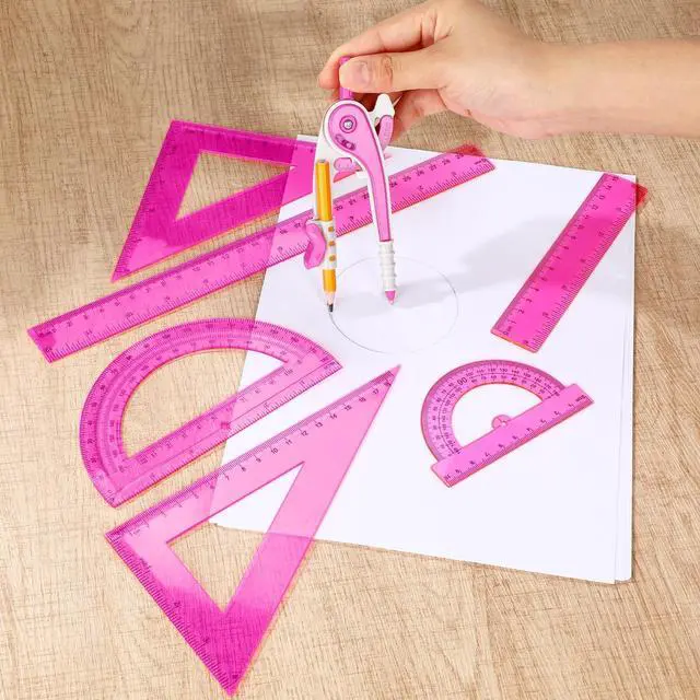 Alt view image 7 of 7 - 7 Pcs Geometry Math Set with Compass Protractor Rulers, Pink | Clear Plastic 6" 4" Protractors, 45 / 60 Degree Triangles, 12" 6" Rulers, Compass, for School Office Drawing
