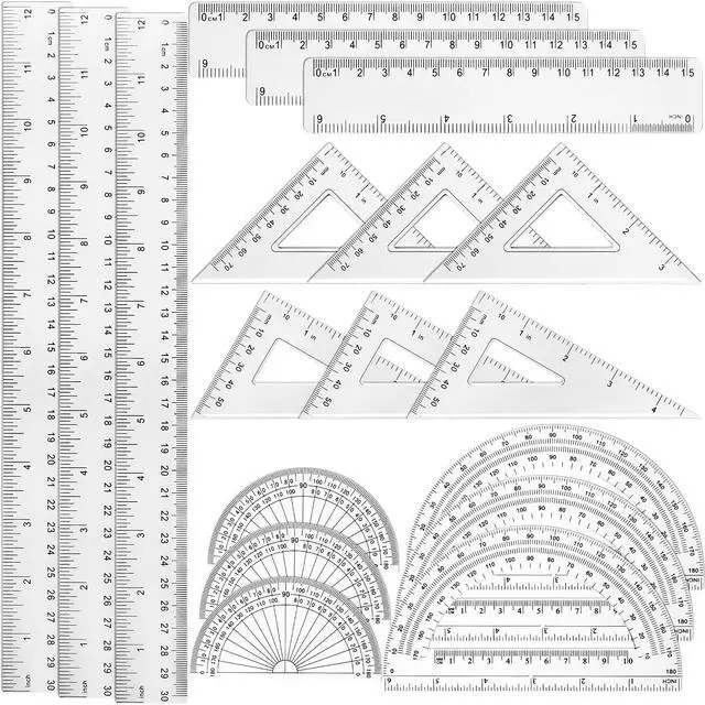 Main image of 18 Pcs Plastic Clear Math Set Includes Protractor Triangle Rulers 12 Inch 6 Inch Straight Geometry Math Transparent Ruler Measuring Tool for Office Home Supplies