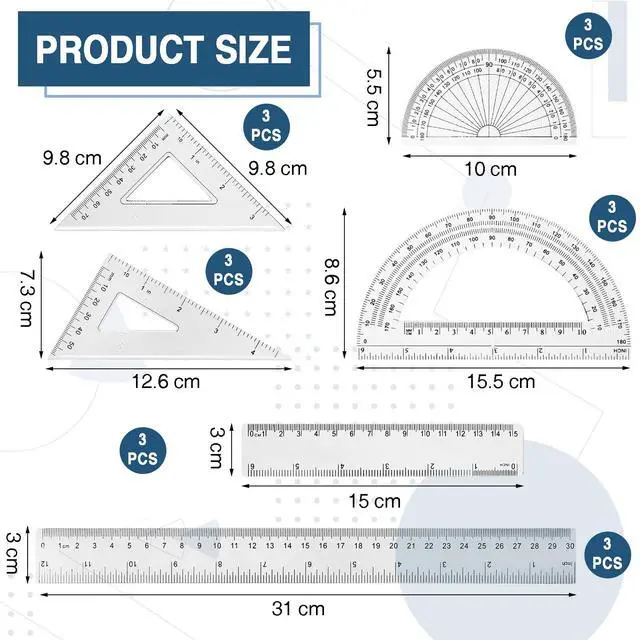 Alt view image 2 of 6 - 18 Pcs Plastic Clear Math Set Includes Protractor Triangle Rulers 12 Inch 6 Inch Straight Geometry Math Transparent Ruler Measuring Tool for Office Home Supplies