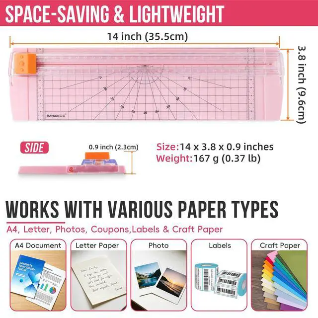 Alt view image 5 of 7 - Paper Cutter Trimmer, A4 Size, 12" Craft Cutter, Light Pink | A4 12" paper trimmer for coupons, craft paper, photos and DIY projects; compact light pink design.