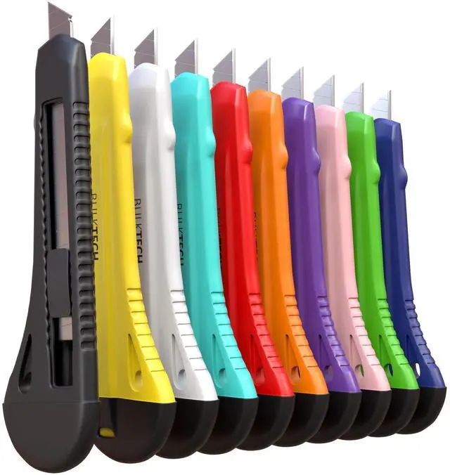 Main image of Bulk Utility Knives, Retractable Box Cutter for Cartons, Cardboard and Boxes, 18mm Wider Razor Sharp Blade, Smooth Mechanism, Perfect for Office and Home Use, 10 Pack, Mix Color