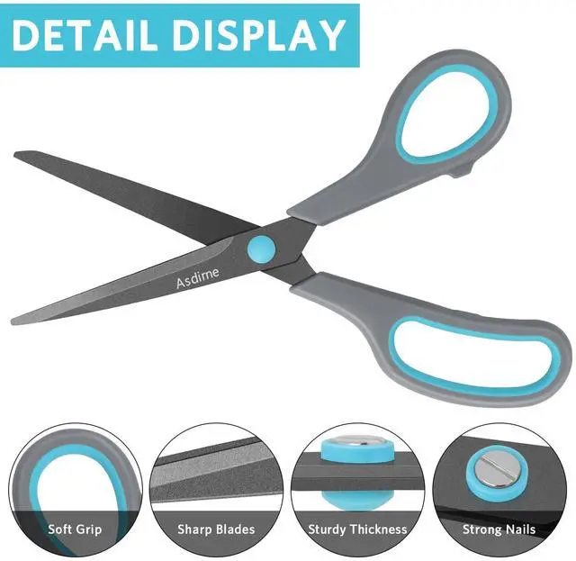 Alt view image 4 of 7 - Teflon Coating Scissors, Stainless Steel Blades, Soft Grip Handle, Suitable for Households,Offices and Schools, All Purpose, Blue/Grey, 21.5 cm