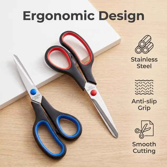 Alt view image 4 of 7 - Office Scissors Set, 2 Pack 8" All Purpose Scissors, Ruler & Utility Knife | Sharp Multipurpose Cutting Kit with Soft Grip, Steel Ruler & Retractable Blade for Craft, Paper, Office, Mail & Packaging