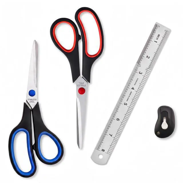 Main image of Office Scissors Set, 2 Pack 8" All Purpose Scissors, Ruler & Utility Knife | Sharp Multipurpose Cutting Kit with Soft Grip, Steel Ruler & Retractable Blade for Craft, Paper, Office, Mail & Packaging