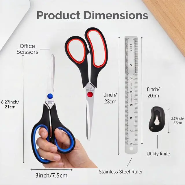 Alt view image 3 of 7 - Office Scissors Set, 2 Pack 8" All Purpose Scissors, Ruler & Utility Knife | Sharp Multipurpose Cutting Kit with Soft Grip, Steel Ruler & Retractable Blade for Craft, Paper, Office, Mail & Packaging
