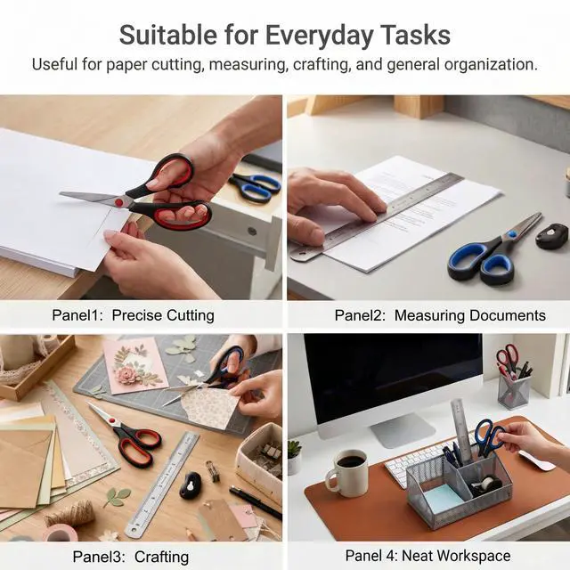 Alt view image 5 of 7 - Office Scissors Set, 2 Pack 8" All Purpose Scissors, Ruler & Utility Knife | Sharp Multipurpose Cutting Kit with Soft Grip, Steel Ruler & Retractable Blade for Craft, Paper, Office, Mail & Packaging