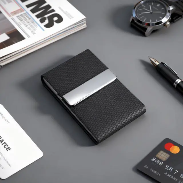 Alt view image 7 of 7 - Business Card Holder, Weave Pattern Leather Name Card Holder Slim Metal Magnetic Flap Pocket Business Card Case for Women and Men
