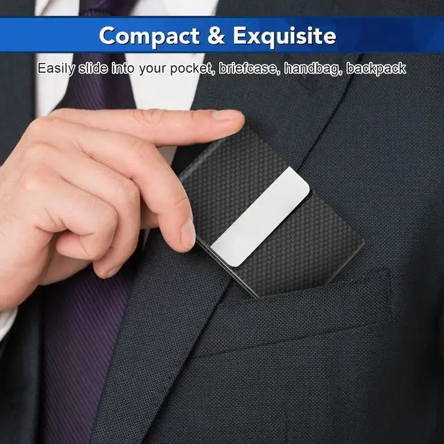 Alt view image 2 of 7 - Business Card Holder, Metal Slim Business Card Case, Pocket Card Holder for Women or Men, PU Leather Business Card Holder Case RFID Blocking Name Card Holder with Magnetic Closure, Black Carbon