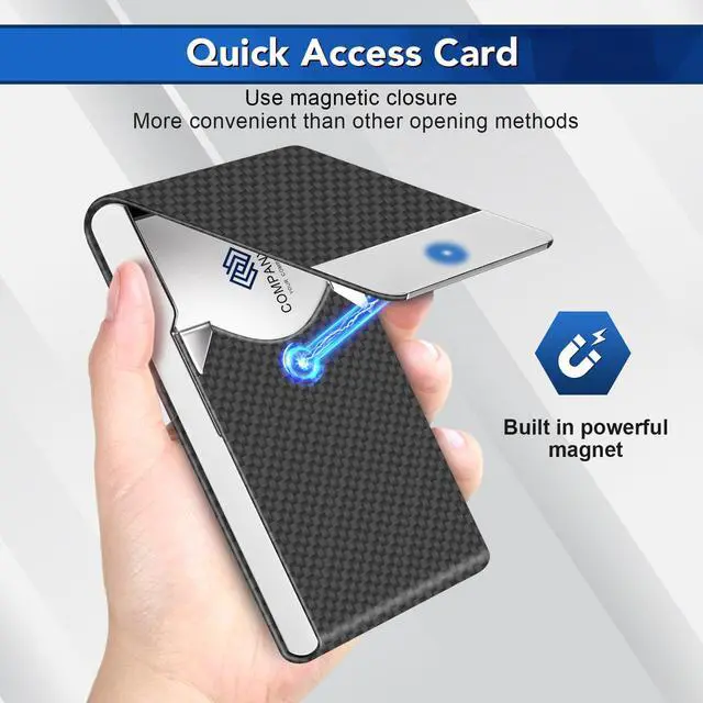 Alt view image 4 of 7 - Business Card Holder, Metal Slim Business Card Case, Pocket Card Holder for Women or Men, PU Leather Business Card Holder Case RFID Blocking Name Card Holder with Magnetic Closure, Black Carbon