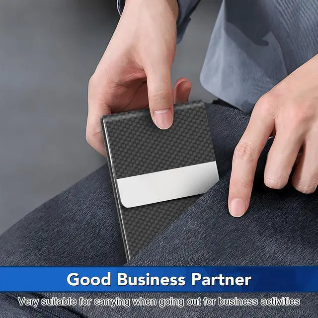 Alt view image 7 of 7 - Business Card Holder, Metal Slim Business Card Case, Pocket Card Holder for Women or Men, PU Leather Business Card Holder Case RFID Blocking Name Card Holder with Magnetic Closure, Black Carbon