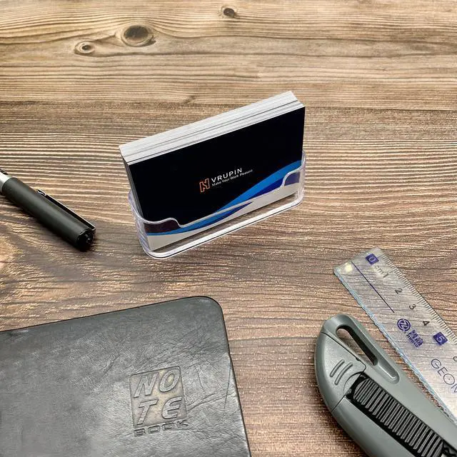 Alt view image 7 of 7 - Business Card Holder for Desk - 4 Pack Acrylic Business Card Holder , Fits 30-50 Business Cards Display Business Card Stand Desktop Business Card Holders for Exhibition