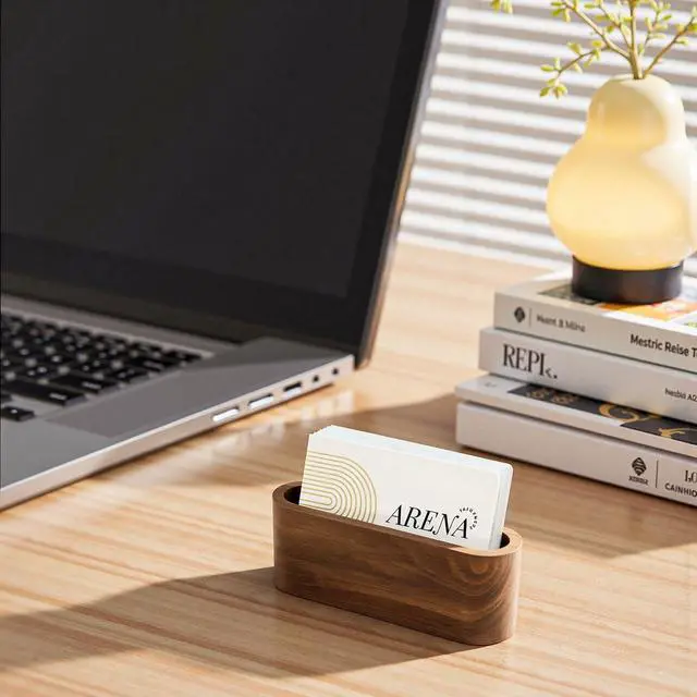 Alt view image 4 of 6 - Business Card Holder for Desk, Minimalist Office Wooden Organizer | Professional Card Display for Stylish Office, Tabletop & Home Decor, Smooth Card Stand Walnut Wooden Holder