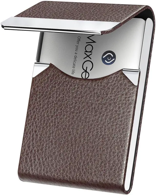Main image of Business Card Holder, PU Leather Business Card Case, Coffee | Stainless Steel Interior, Magnetic Closure, RFID Blocking, Holds 1525 Standard Business Cards