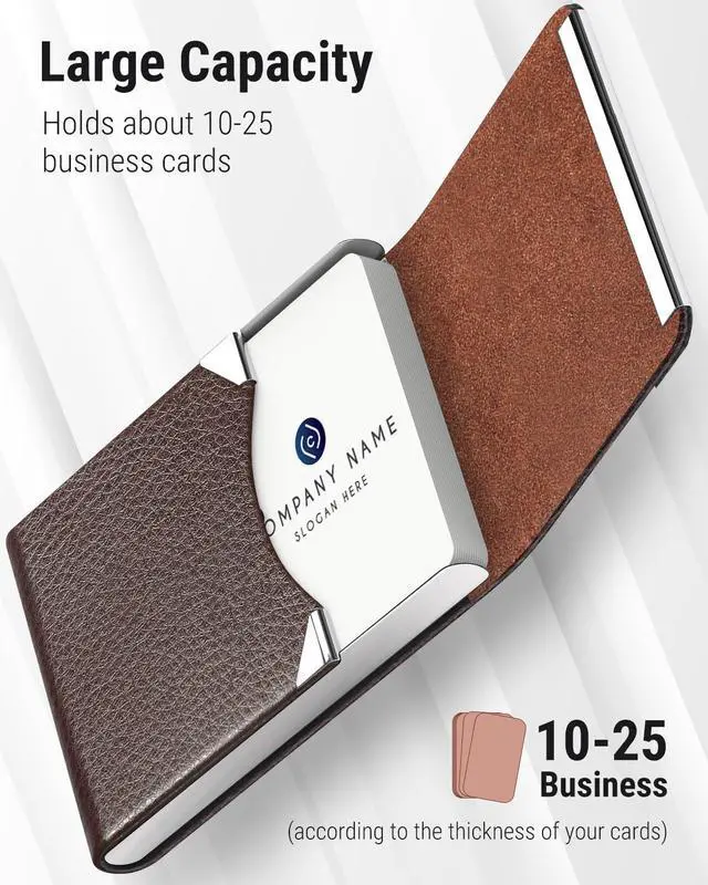 Alt view image 2 of 6 - Business Card Holder, PU Leather Business Card Case, Coffee | Stainless Steel Interior, Magnetic Closure, RFID Blocking, Holds 1525 Standard Business Cards