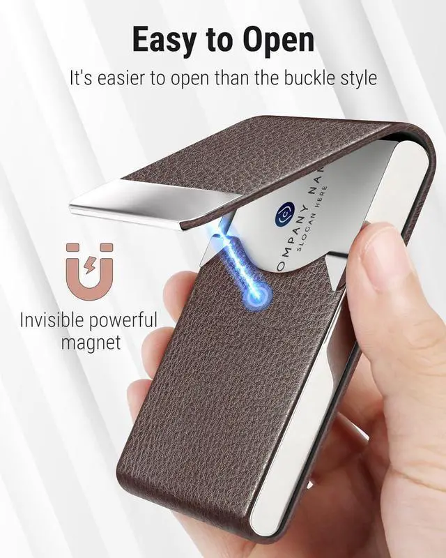 Alt view image 3 of 6 - Business Card Holder, PU Leather Business Card Case, Coffee | Stainless Steel Interior, Magnetic Closure, RFID Blocking, Holds 1525 Standard Business Cards