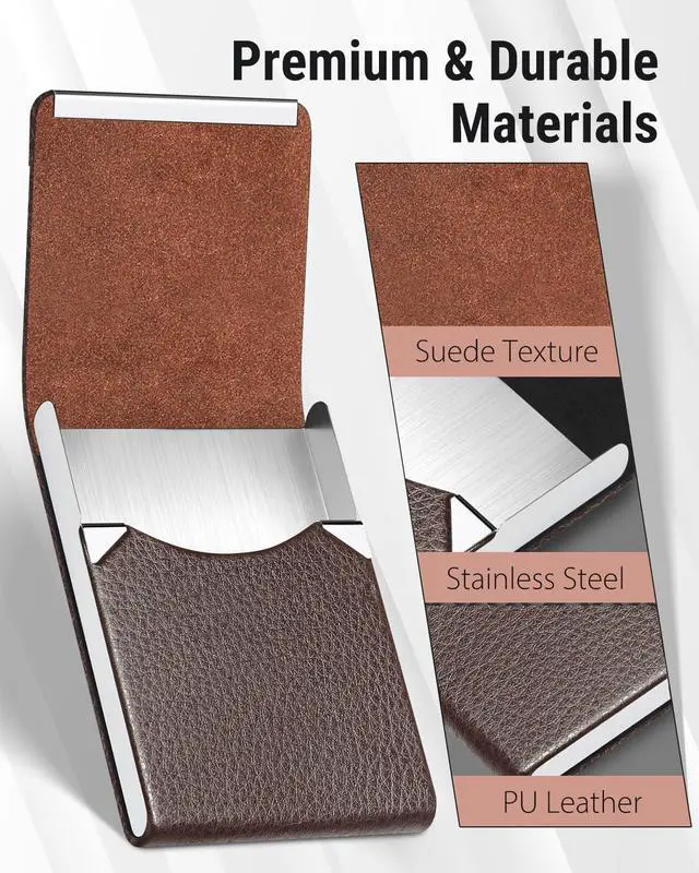 Alt view image 4 of 6 - Business Card Holder, PU Leather Business Card Case, Coffee | Stainless Steel Interior, Magnetic Closure, RFID Blocking, Holds 1525 Standard Business Cards