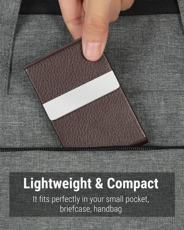 Alt view image 6 of 6 - Business Card Holder, PU Leather Business Card Case, Coffee | Stainless Steel Interior, Magnetic Closure, RFID Blocking, Holds 1525 Standard Business Cards