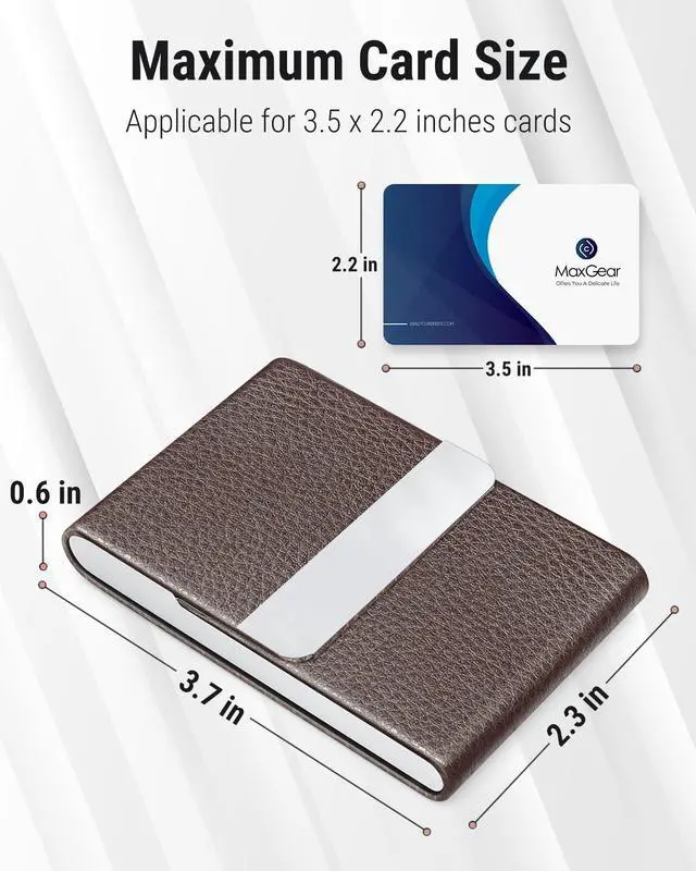 Alt view image 5 of 6 - Business Card Holder, PU Leather Business Card Case, Coffee | Stainless Steel Interior, Magnetic Closure, RFID Blocking, Holds 1525 Standard Business Cards