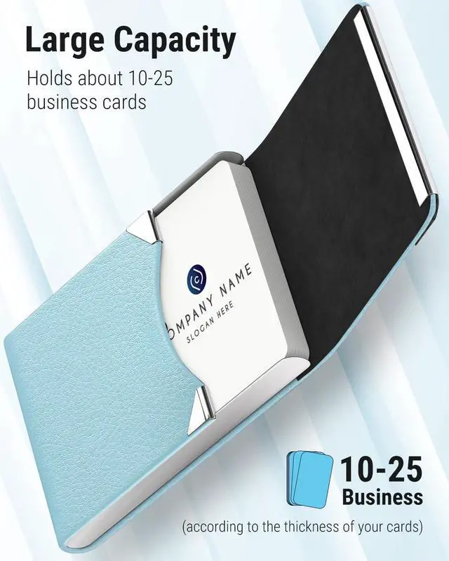 Alt view image 2 of 6 - Business Card Holder, PU Leather Business Card Case, Light Blue | Stainless Steel Interior, Magnetic Closure, RFID Blocking, Holds 1525 Standard Business Cards