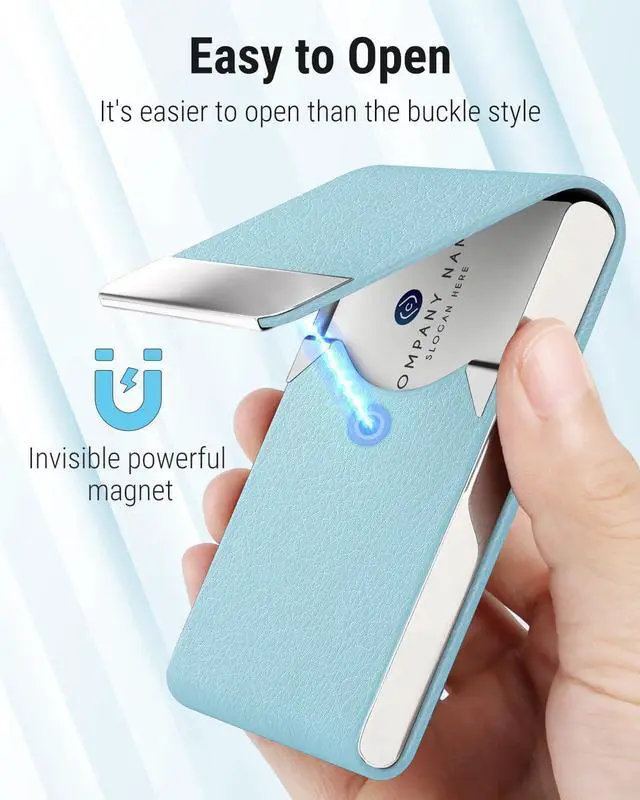 Alt view image 3 of 6 - Business Card Holder, PU Leather Business Card Case, Light Blue | Stainless Steel Interior, Magnetic Closure, RFID Blocking, Holds 1525 Standard Business Cards