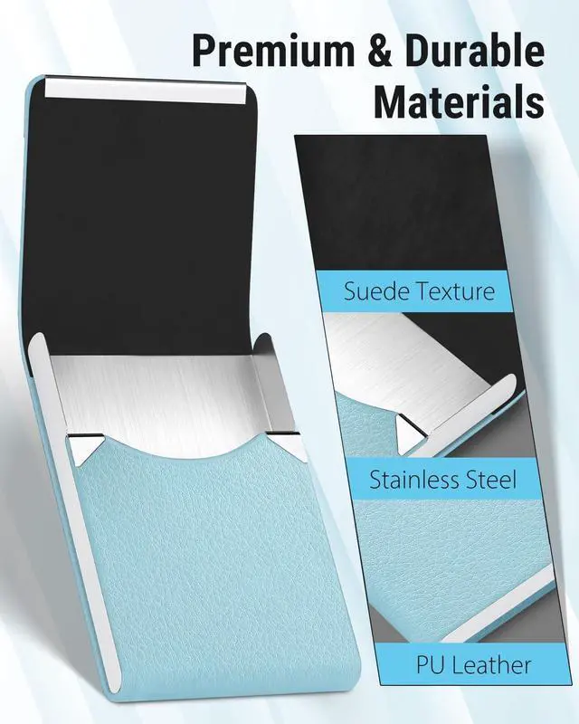 Alt view image 4 of 6 - Business Card Holder, PU Leather Business Card Case, Light Blue | Stainless Steel Interior, Magnetic Closure, RFID Blocking, Holds 1525 Standard Business Cards
