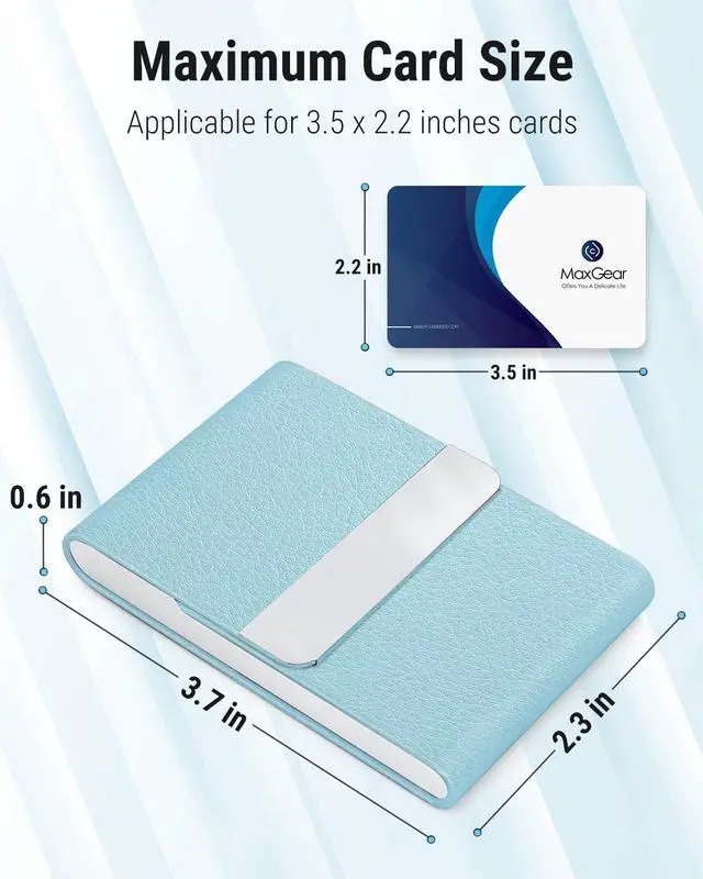 Alt view image 5 of 6 - Business Card Holder, PU Leather Business Card Case, Light Blue | Stainless Steel Interior, Magnetic Closure, RFID Blocking, Holds 1525 Standard Business Cards