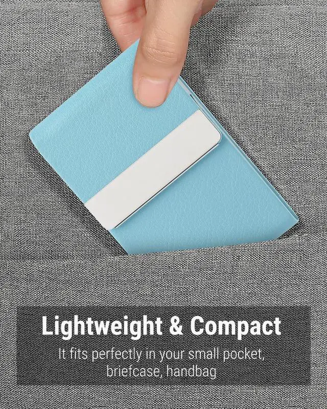 Alt view image 6 of 6 - Business Card Holder, PU Leather Business Card Case, Light Blue | Stainless Steel Interior, Magnetic Closure, RFID Blocking, Holds 1525 Standard Business Cards