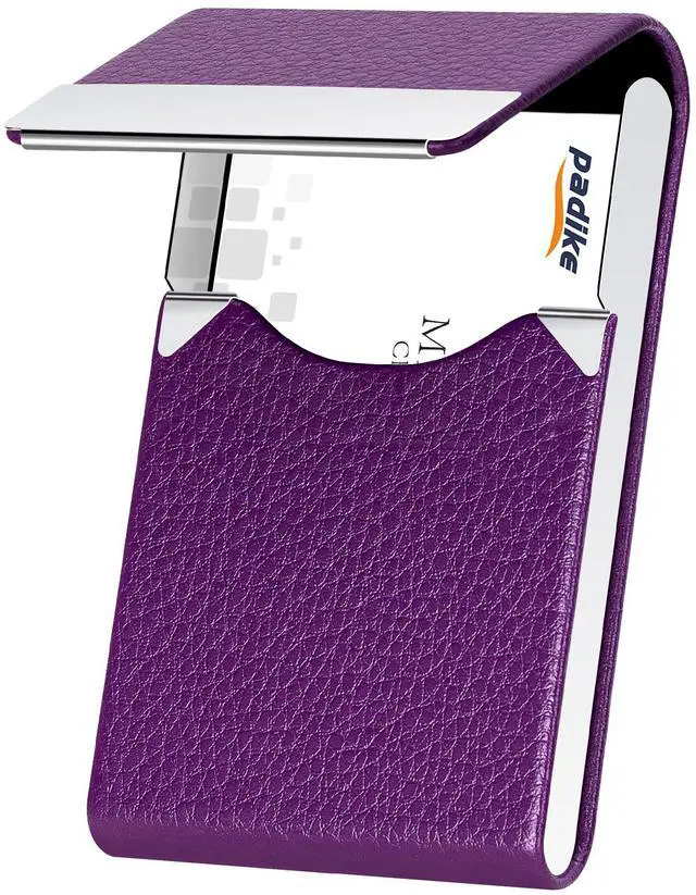 Main image of PU Leather Business Card Holder for Women Slim Pocket Business Name Card Holder Stainless Steel Business Card Case with Magnetic Shut (Purple)