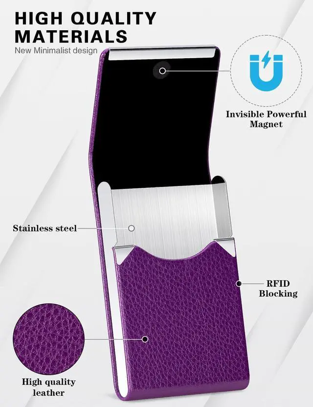 Alt view image 2 of 6 - PU Leather Business Card Holder for Women Slim Pocket Business Name Card Holder Stainless Steel Business Card Case with Magnetic Shut (Purple)