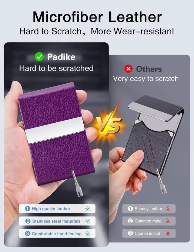 Alt view image 3 of 6 - PU Leather Business Card Holder for Women Slim Pocket Business Name Card Holder Stainless Steel Business Card Case with Magnetic Shut (Purple)