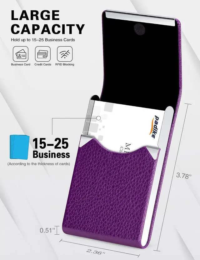Alt view image 4 of 6 - PU Leather Business Card Holder for Women Slim Pocket Business Name Card Holder Stainless Steel Business Card Case with Magnetic Shut (Purple)