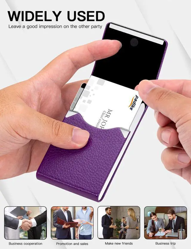 Alt view image 5 of 6 - PU Leather Business Card Holder for Women Slim Pocket Business Name Card Holder Stainless Steel Business Card Case with Magnetic Shut (Purple)