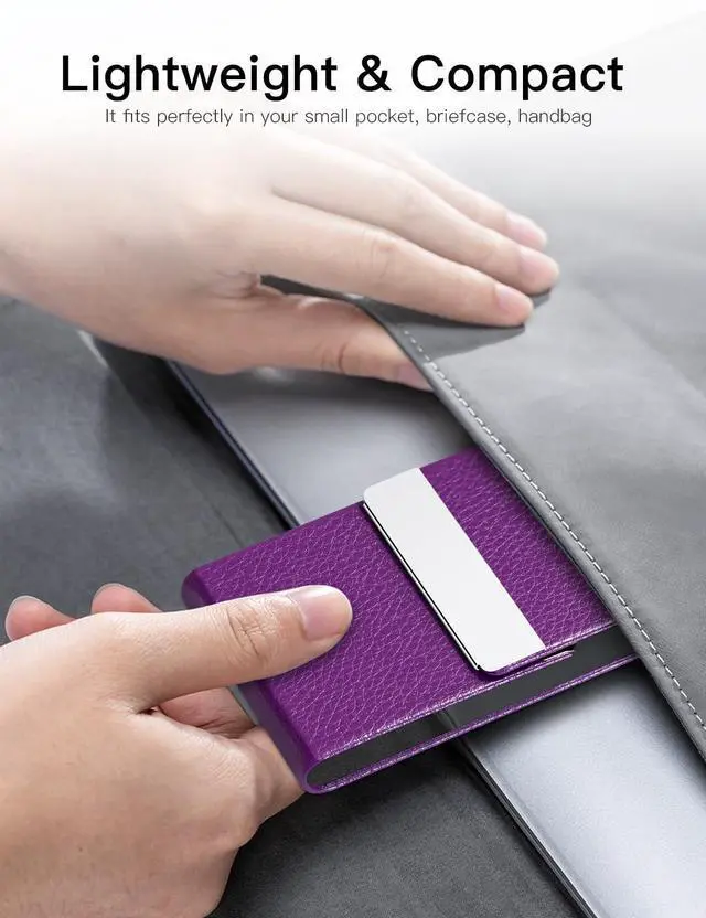 Alt view image 6 of 6 - PU Leather Business Card Holder for Women Slim Pocket Business Name Card Holder Stainless Steel Business Card Case with Magnetic Shut (Purple)