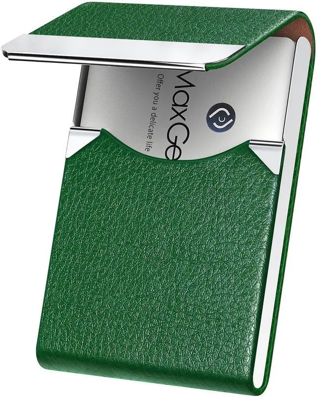 Main image of Business Card Holder, PU Leather Business Card Case, Dark Green | Stainless Steel Interior, Magnetic Closure, RFID Blocking, Holds 1525 Standard Business Cards