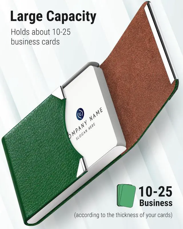 Alt view image 2 of 6 - Business Card Holder, PU Leather Business Card Case, Dark Green | Stainless Steel Interior, Magnetic Closure, RFID Blocking, Holds 1525 Standard Business Cards