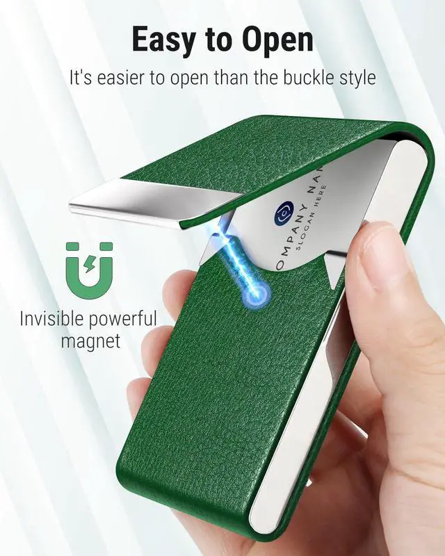 Alt view image 3 of 6 - Business Card Holder, PU Leather Business Card Case, Dark Green | Stainless Steel Interior, Magnetic Closure, RFID Blocking, Holds 1525 Standard Business Cards