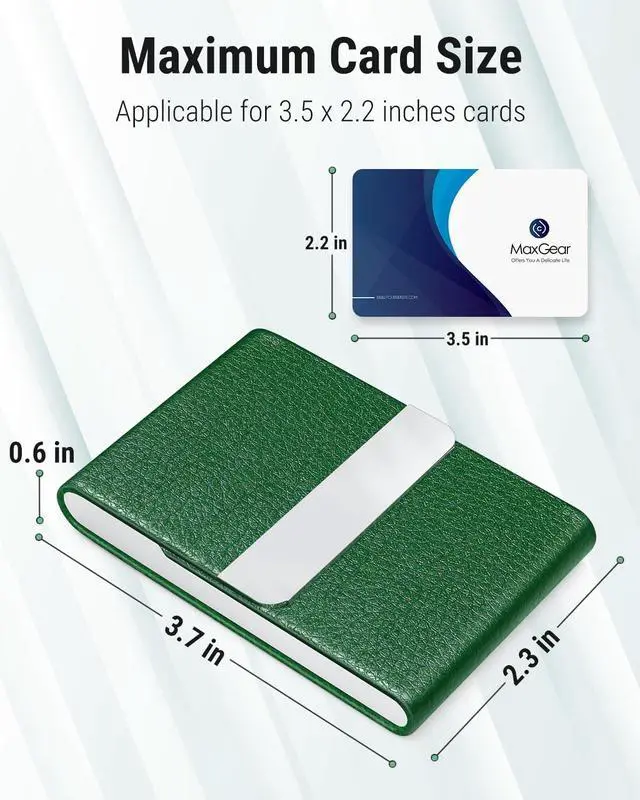 Alt view image 5 of 6 - Business Card Holder, PU Leather Business Card Case, Dark Green | Stainless Steel Interior, Magnetic Closure, RFID Blocking, Holds 1525 Standard Business Cards