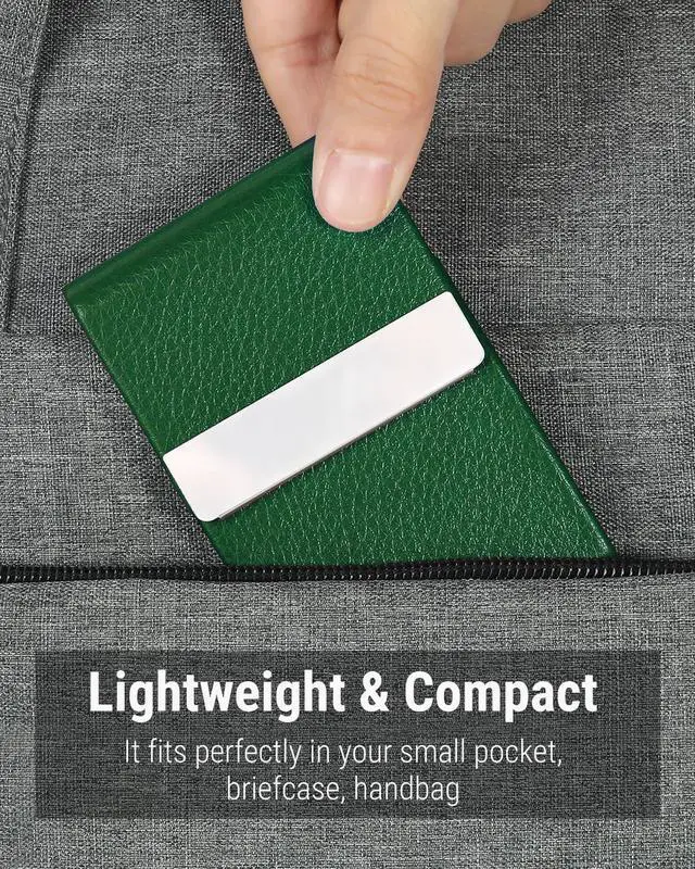 Alt view image 6 of 6 - Business Card Holder, PU Leather Business Card Case, Dark Green | Stainless Steel Interior, Magnetic Closure, RFID Blocking, Holds 1525 Standard Business Cards