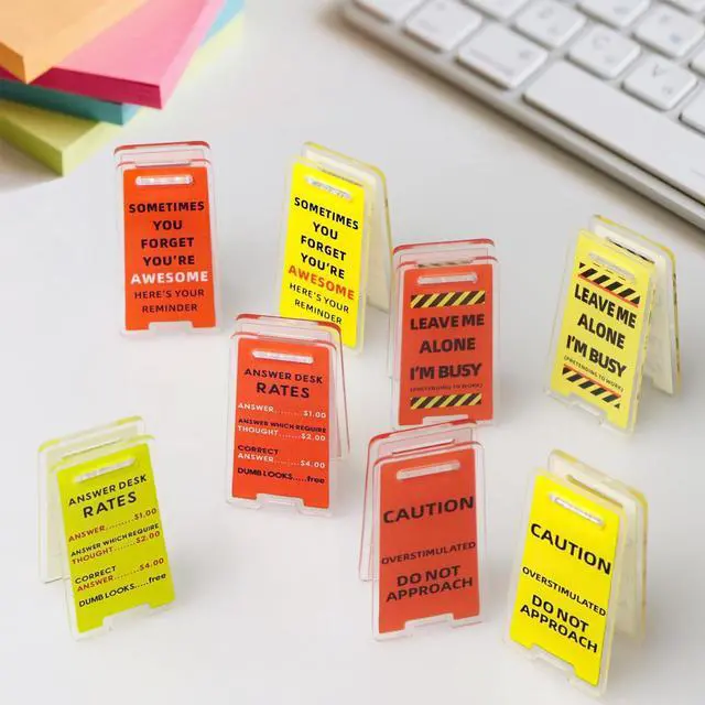 Main image of 8 Pack Funny Sticky Note Holder - Caution Overstimulated Desk Sign, Answer Desk Rates Sign for Work, Mini Funny Office Decor (Yellow+Red)