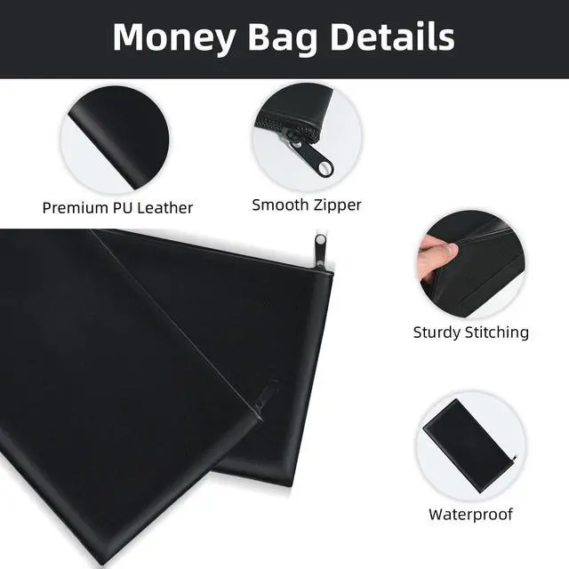 Alt view image 3 of 7 - 2-PCS Money Bags with Zipper, 11x6.1" PU Leather Bank Deposit Bags for Cash | Durable Cash Pouch Keeps Coins, Checks, Receipts Organized; Secure Travel Money Pouch Protects Bills, Passport & Valuables