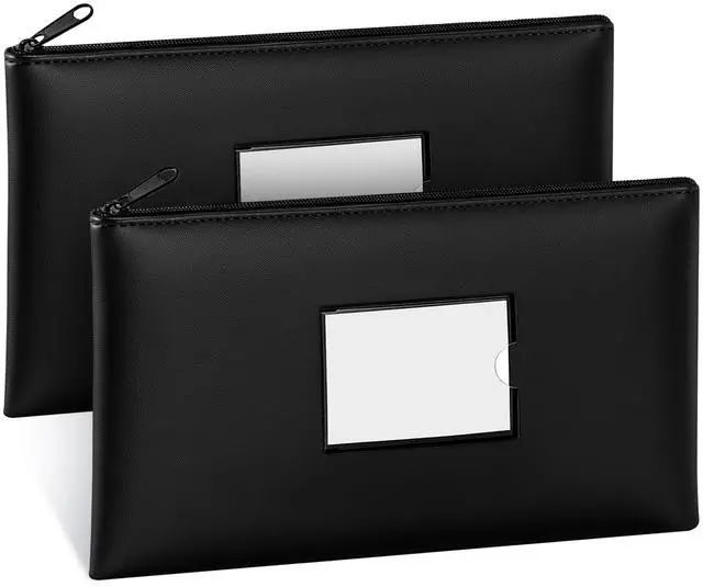 Main image of Money Bags with Zipper, DIY Labels, 11.5 x 6.2 Inches, 2-Pack | Waterproof Money Coin Pouch Purse, Soft PU Leather, for Bills Invoices Bank Deposits Receipts Storage and Organize (Black)