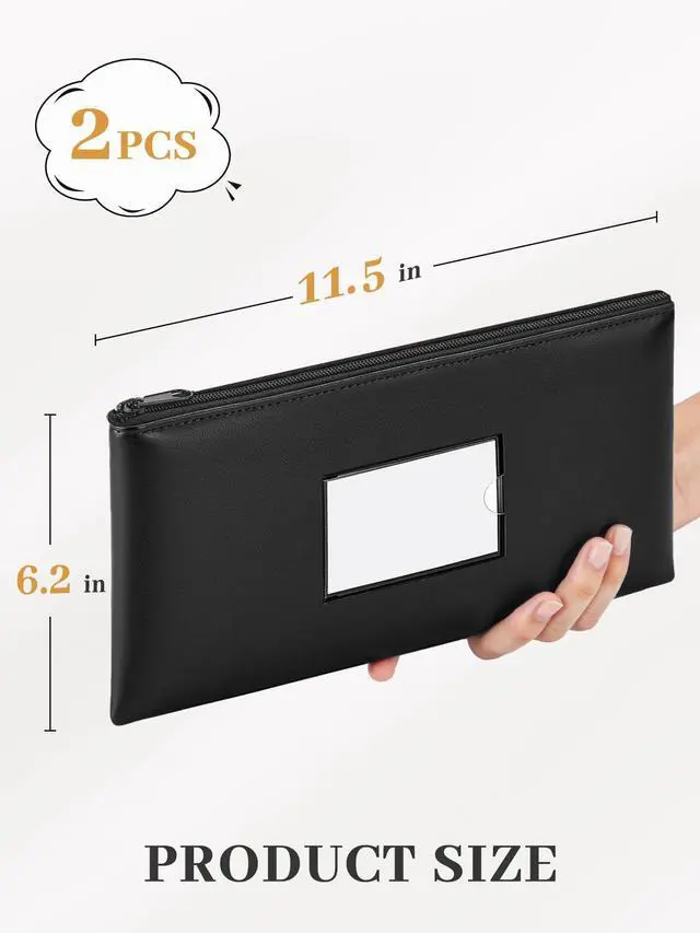 Alt view image 2 of 7 - Money Bags with Zipper, DIY Labels, 11.5 x 6.2 Inches, 2-Pack | Waterproof Money Coin Pouch Purse, Soft PU Leather, for Bills Invoices Bank Deposits Receipts Storage and Organize (Black)