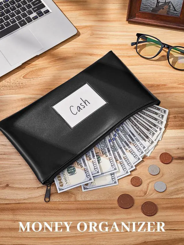 Alt view image 3 of 7 - Money Bags with Zipper, DIY Labels, 11.5 x 6.2 Inches, 2-Pack | Waterproof Money Coin Pouch Purse, Soft PU Leather, for Bills Invoices Bank Deposits Receipts Storage and Organize (Black)